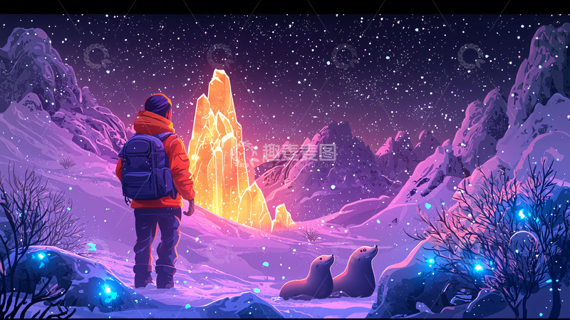 高清大图下载【趣麦麦图】星空下旅行者眺望远方光芒