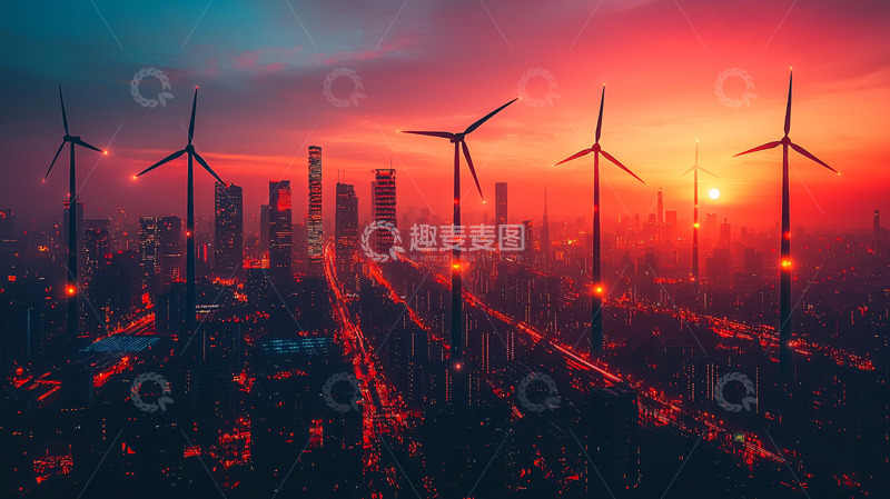 高清大图下载【趣麦麦图】红色日落城市风力发电