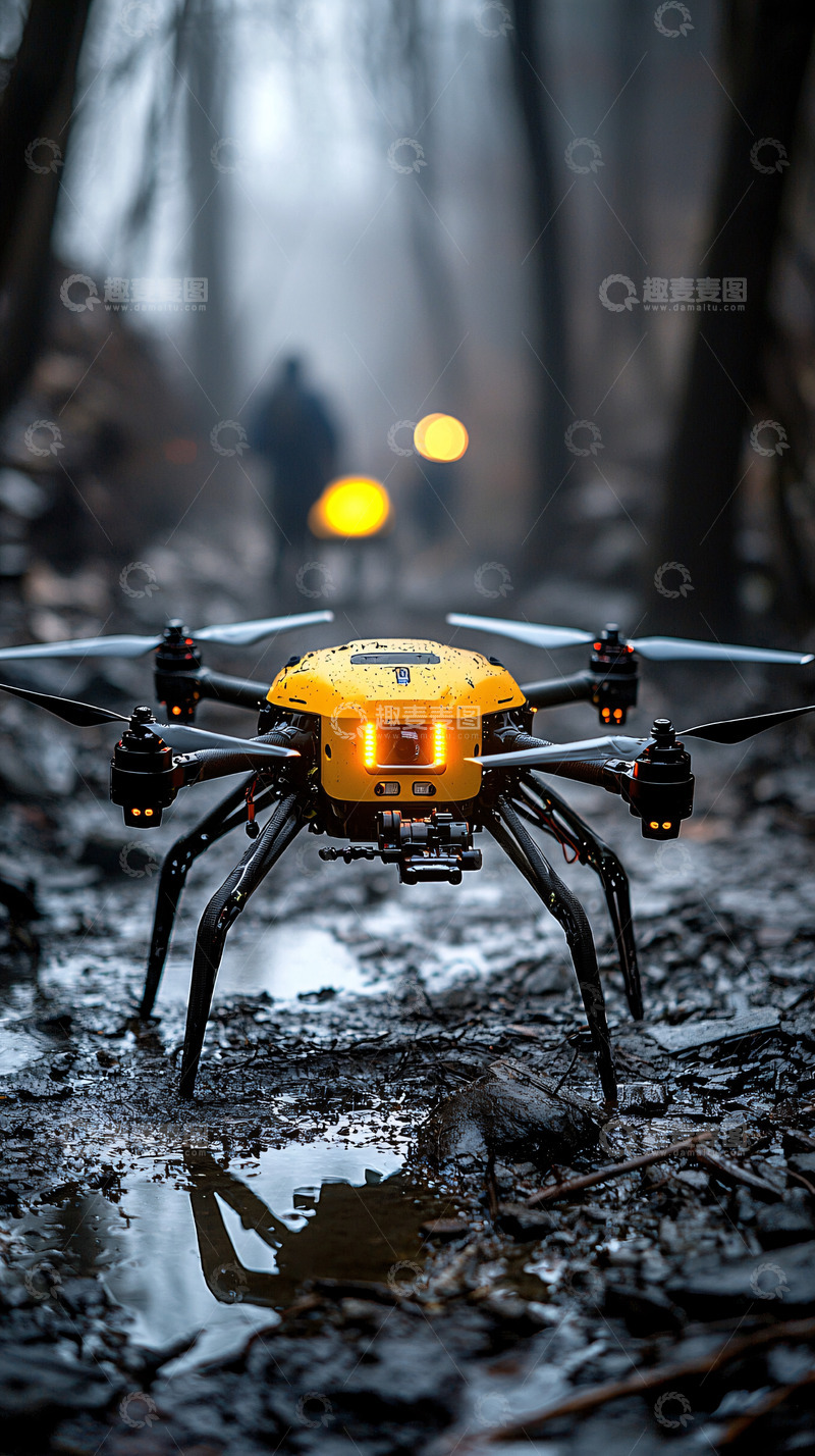 高清大图下载【趣麦麦图】黄色无人机森林泥地