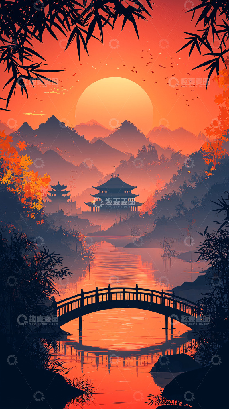 高清大图下载【趣麦麦图】日落山景寺庙水墨画