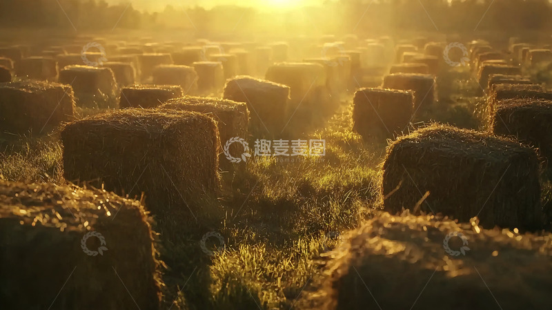 高清大图下载【趣麦麦图】金色的麦田里堆放着干草捆
