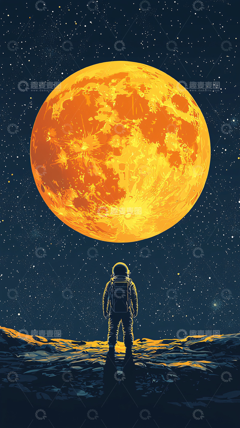 高清大图下载【趣麦麦图】宇航员仰望巨大橙色星球