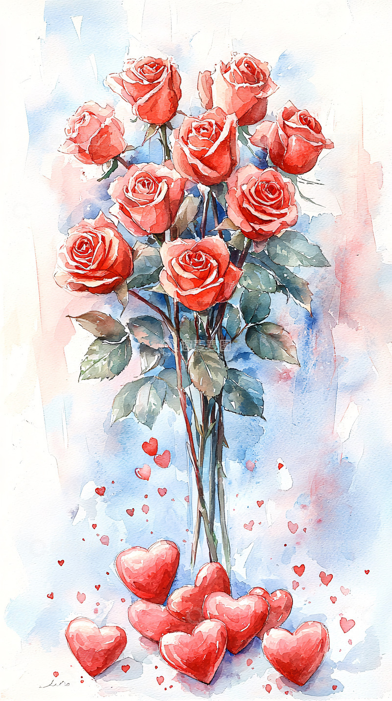 高清大图下载【趣麦麦图】水彩玫瑰花束