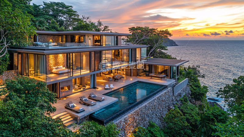 高清大图下载【趣麦麦图】海景别墅落日余晖