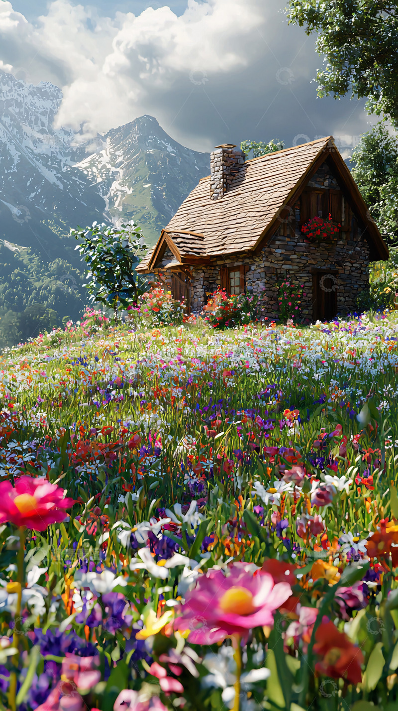 高清大图下载【趣麦麦图】山间小屋鲜花盛开
