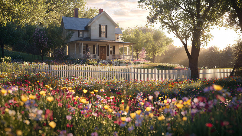 高清大图下载【趣麦麦图】乡间别墅清晨阳光花海