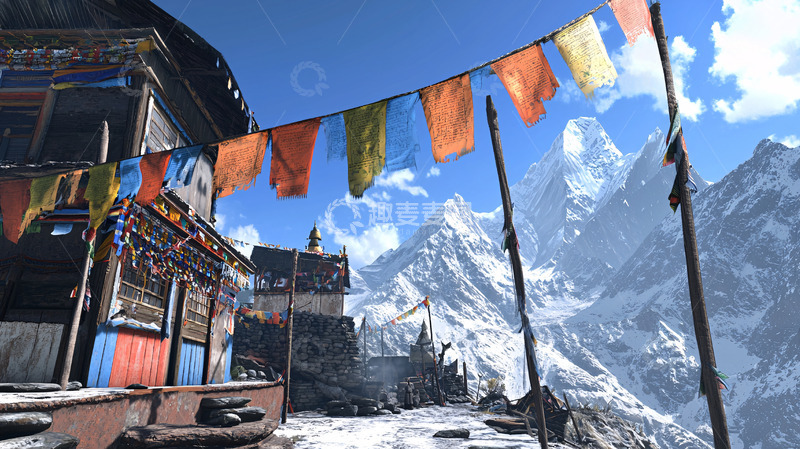 高清大图下载【趣麦麦图】雪山下的藏式村庄