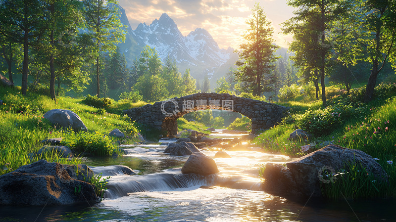 高清大图下载【趣麦麦图】阳光下的山间小桥