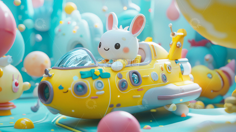 高清大图下载【趣麦麦图】卡通兔子驾驶黄色潜水艇