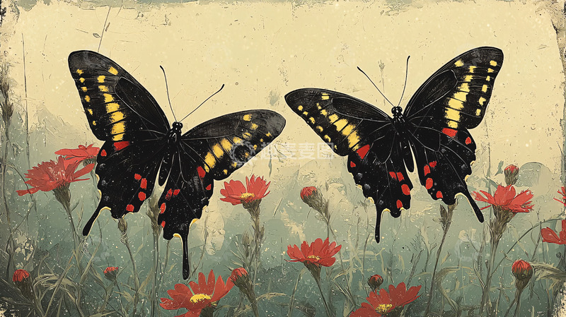 高清大图下载【趣麦麦图】复古风格双蝴蝶