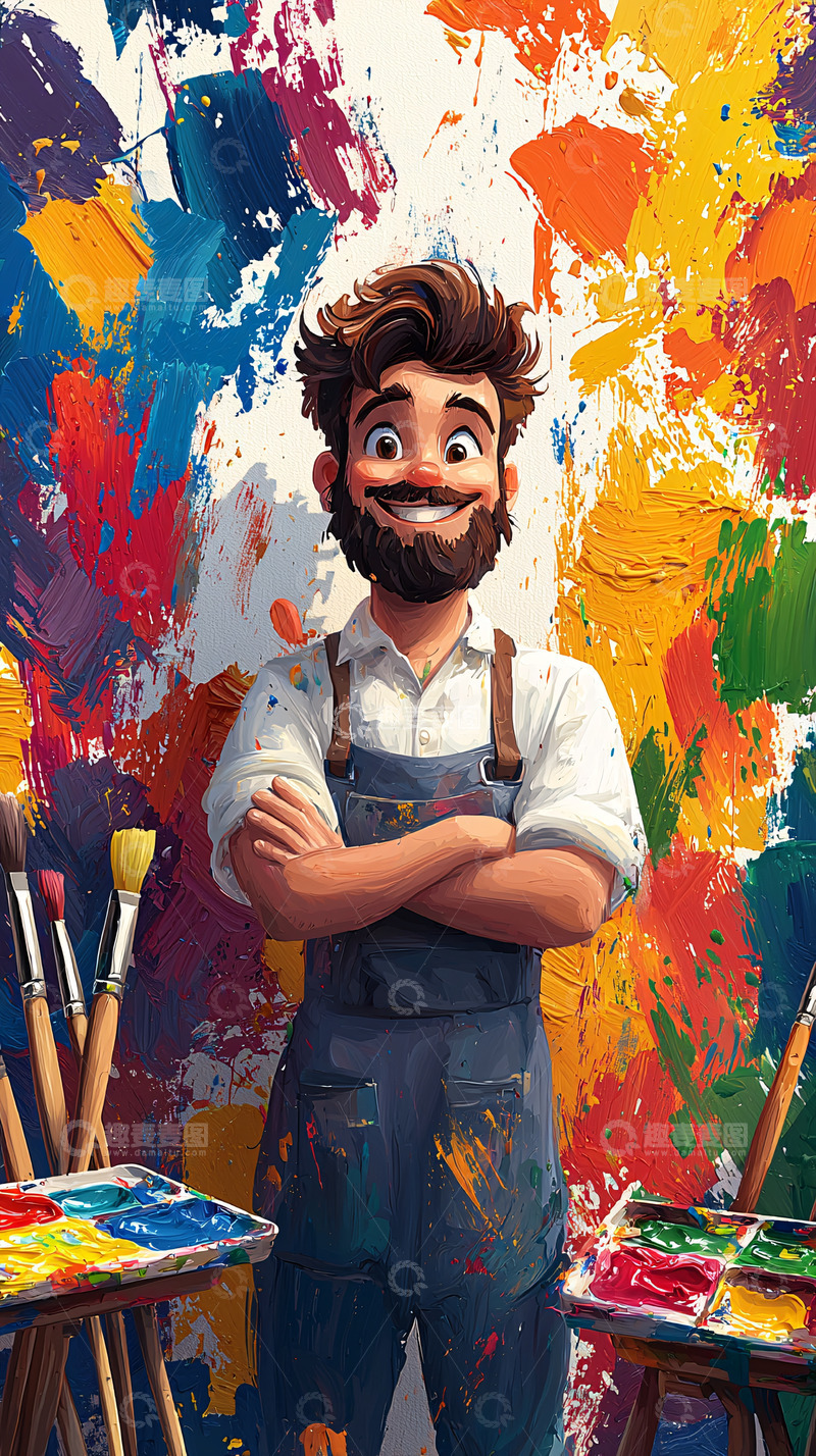 高清大图下载【趣麦麦图】快乐画家站在画布前