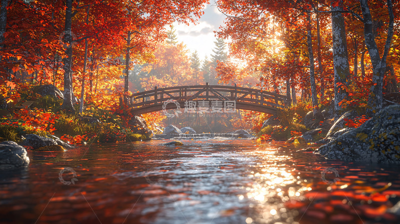 高清大图下载【趣麦麦图】秋日森林小桥流水