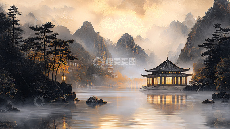高清大图下载【趣麦麦图】水雾缭绕的中国山水亭台