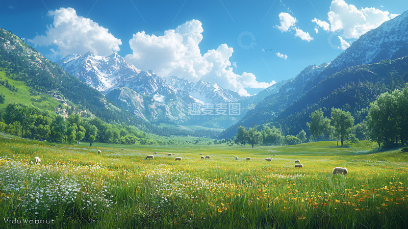 高清大图下载【趣麦麦图】阳光明媚的阿尔卑斯山谷