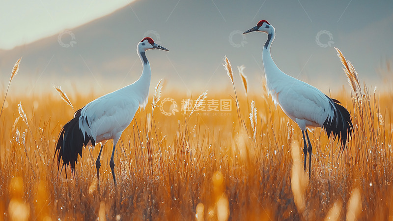 高清大图下载【趣麦麦图】草原上两只白鹤