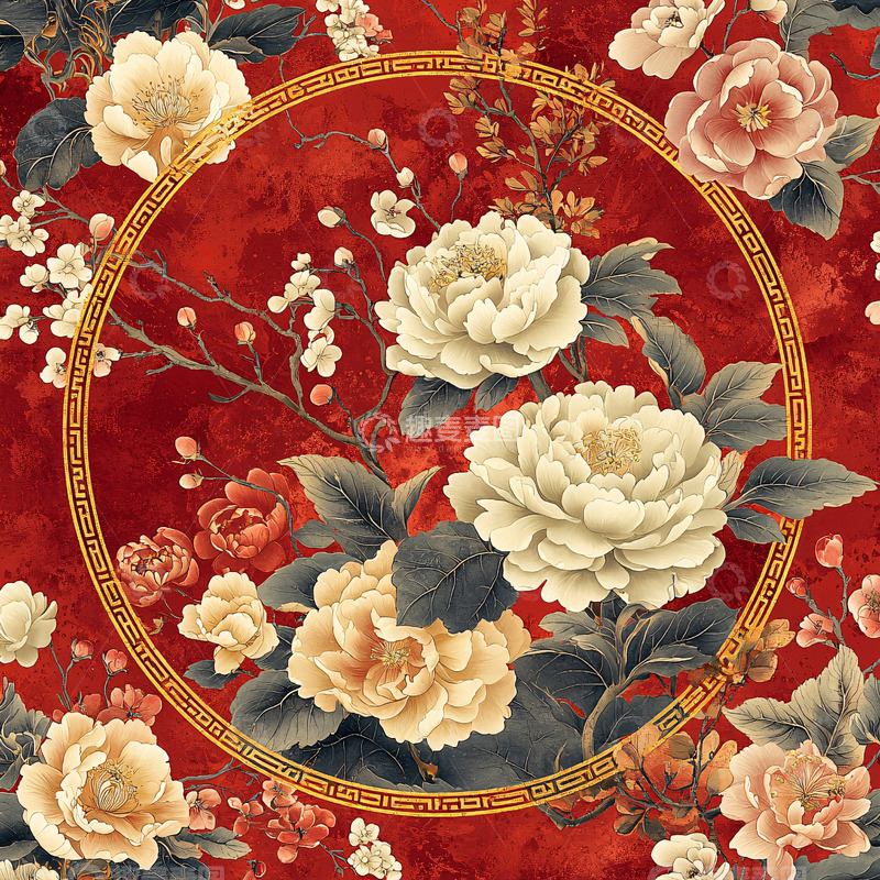 高清大图下载【趣麦麦图】红色背景下的白色牡丹花圆环