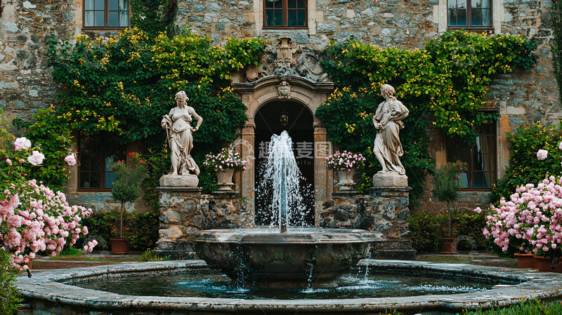 高清大图下载【趣麦麦图】石头别墅庭院喷泉