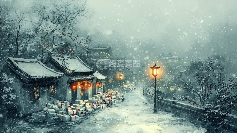 高清大图下载【趣麦麦图】雪夜古镇