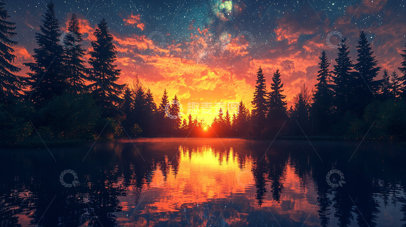 高清大图下载【趣麦麦图】森林日落湖泊倒影