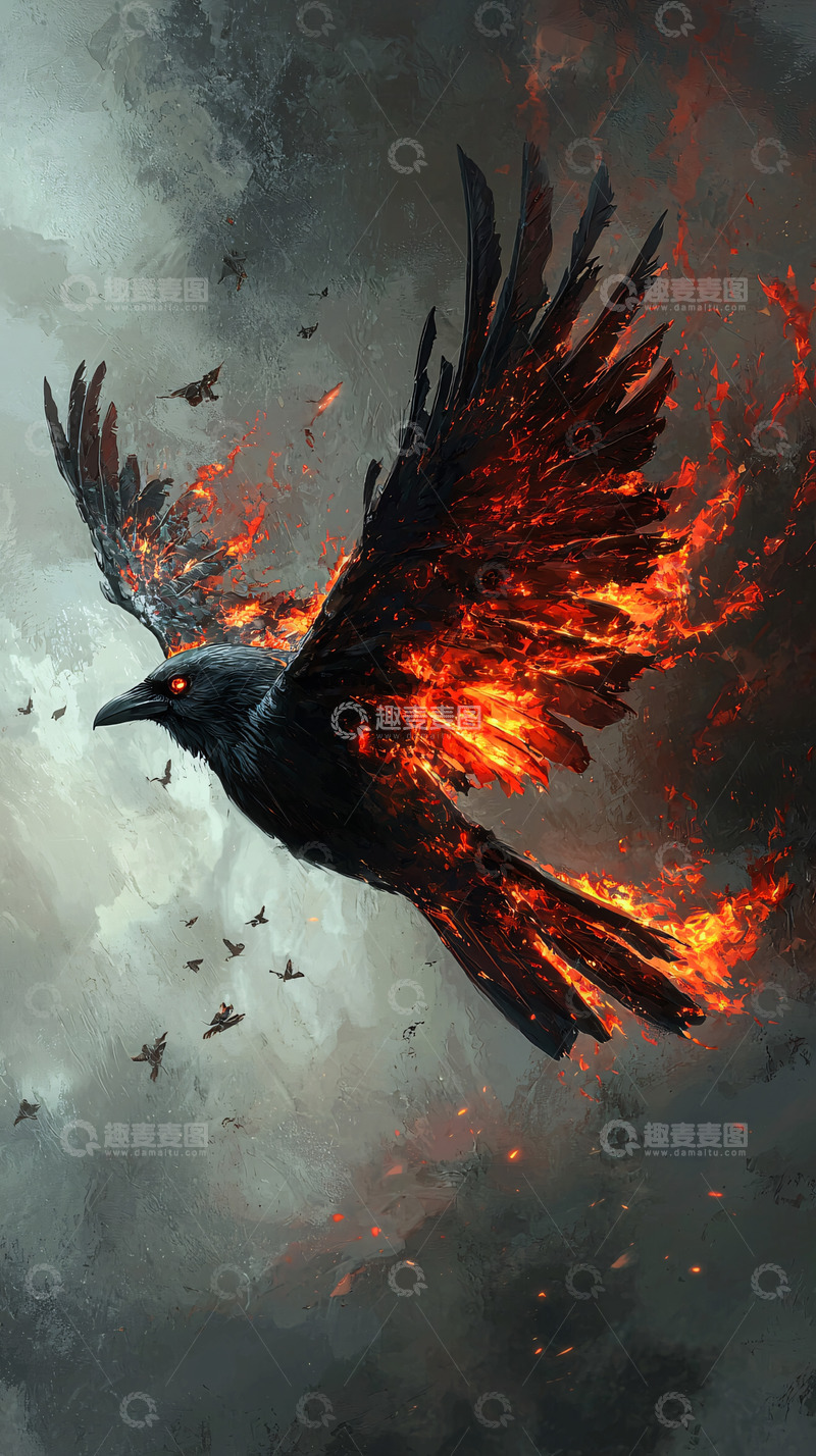 高清大图下载【趣麦麦图】火焰环绕的乌鸦飞行