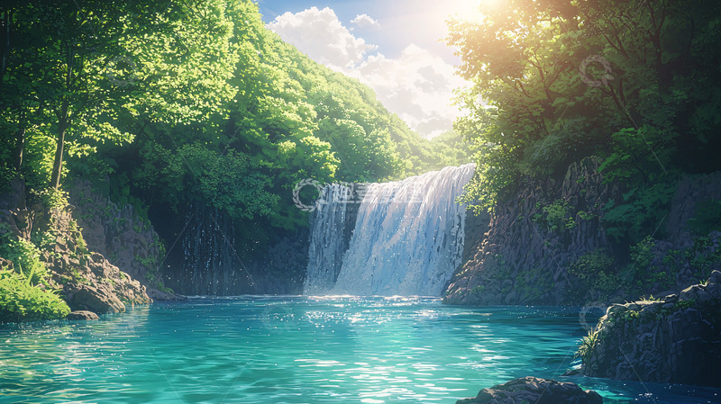 高清大图下载【趣麦麦图】阳光森林瀑布
