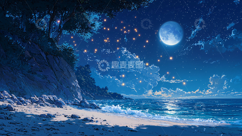高清大图下载【趣麦麦图】月光下的海滩