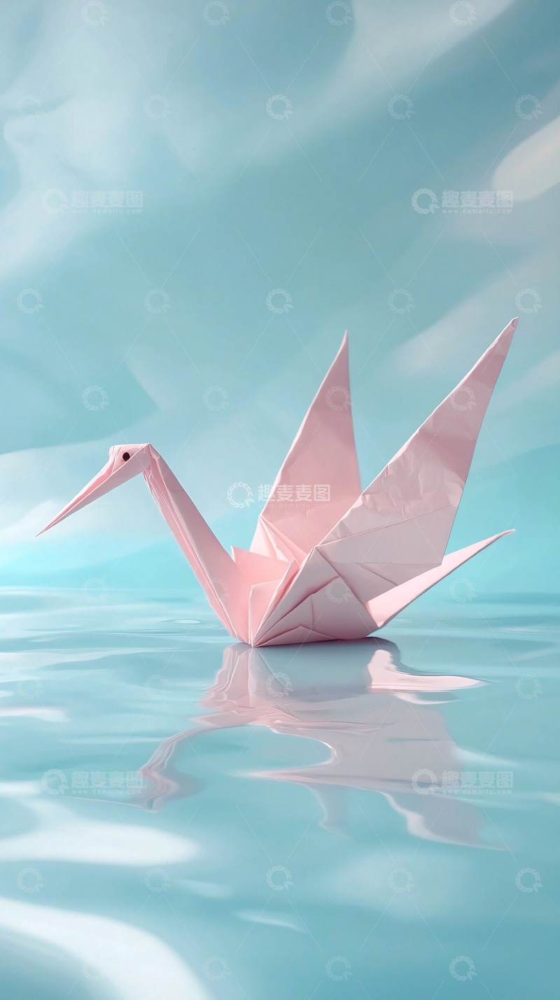 高清大图下载【趣麦麦图】粉色纸鹤水面