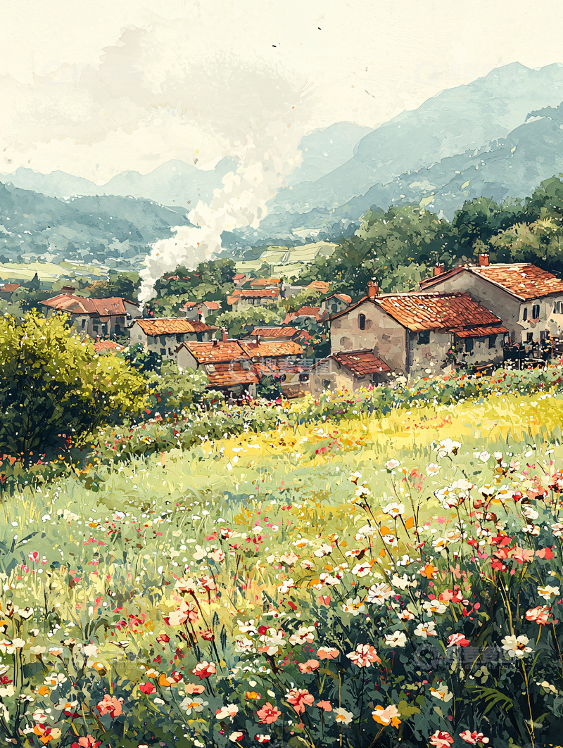 高清大图下载【趣麦麦图】山间田园小镇风景画