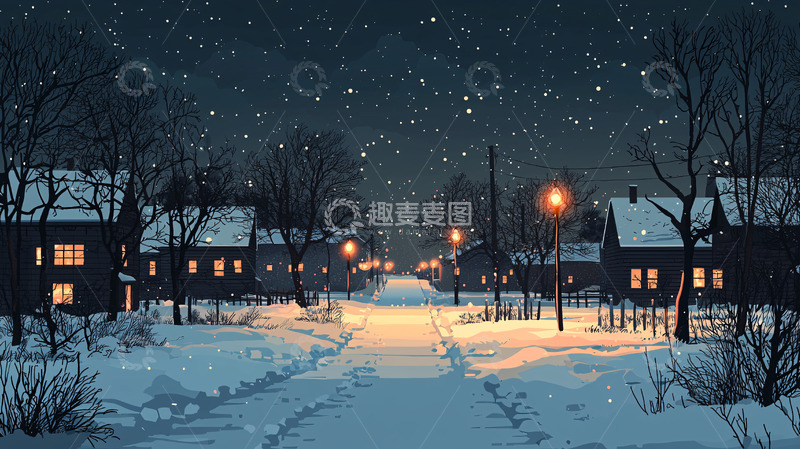 高清大图下载【趣麦麦图】冬夜雪景小镇