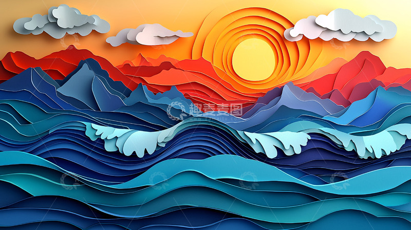 高清大图下载【趣麦麦图】纸艺海洋日出景象