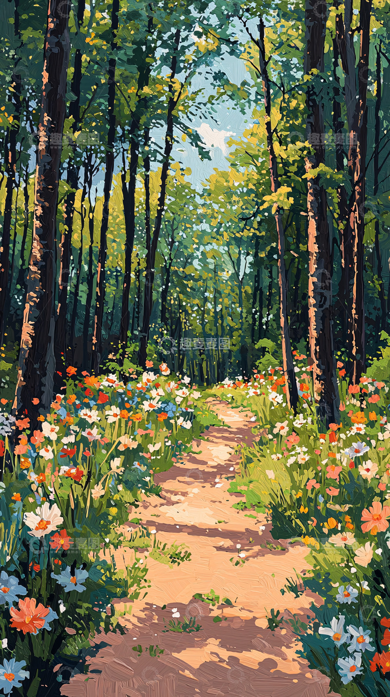 高清大图下载【趣麦麦图】森林小路鲜花盛开
