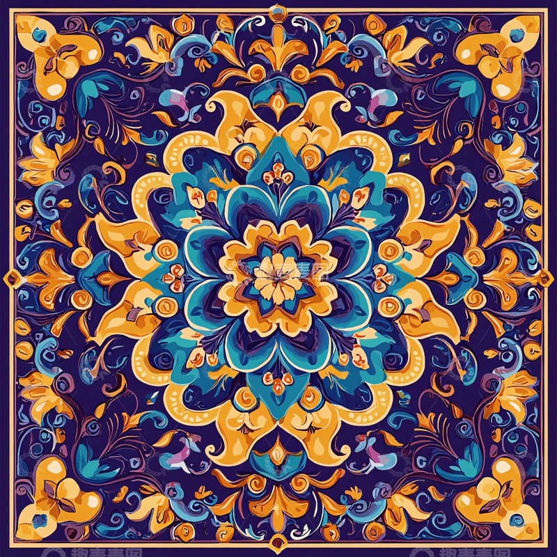 高清大图下载【趣麦麦图】蓝色金色繁复花纹图案