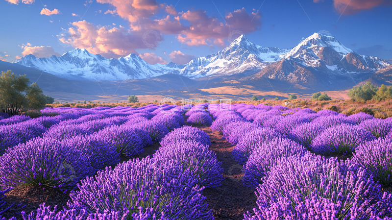 高清大图下载【趣麦麦图】薰衣草田与雪山美景