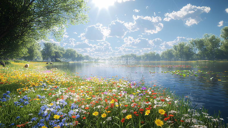 高清大图下载【趣麦麦图】阳光明媚的河边野花