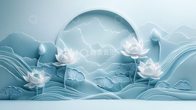 高清大图下载【趣麦麦图】淡蓝色莲花山水意境