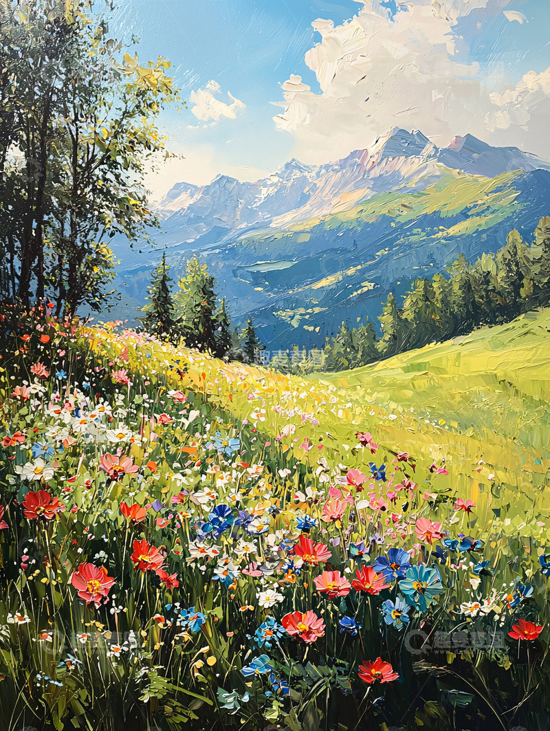 高清大图下载【趣麦麦图】山间野花盛开的彩色风景画