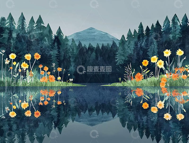 高清大图下载【趣麦麦图】湖边森林与花朵倒影