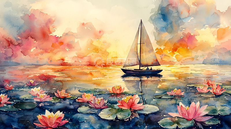 高清大图下载【趣麦麦图】水彩画日落