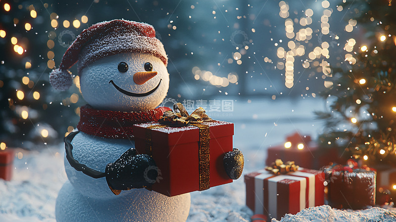 高清大图下载【趣麦麦图】雪地里拿着礼物的雪人