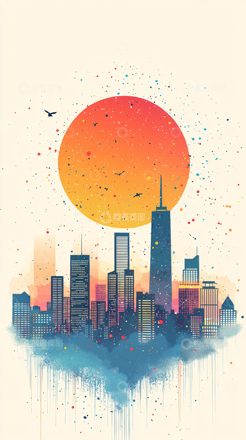 高清大图下载【趣麦麦图】城市剪影在日落时的水彩风格