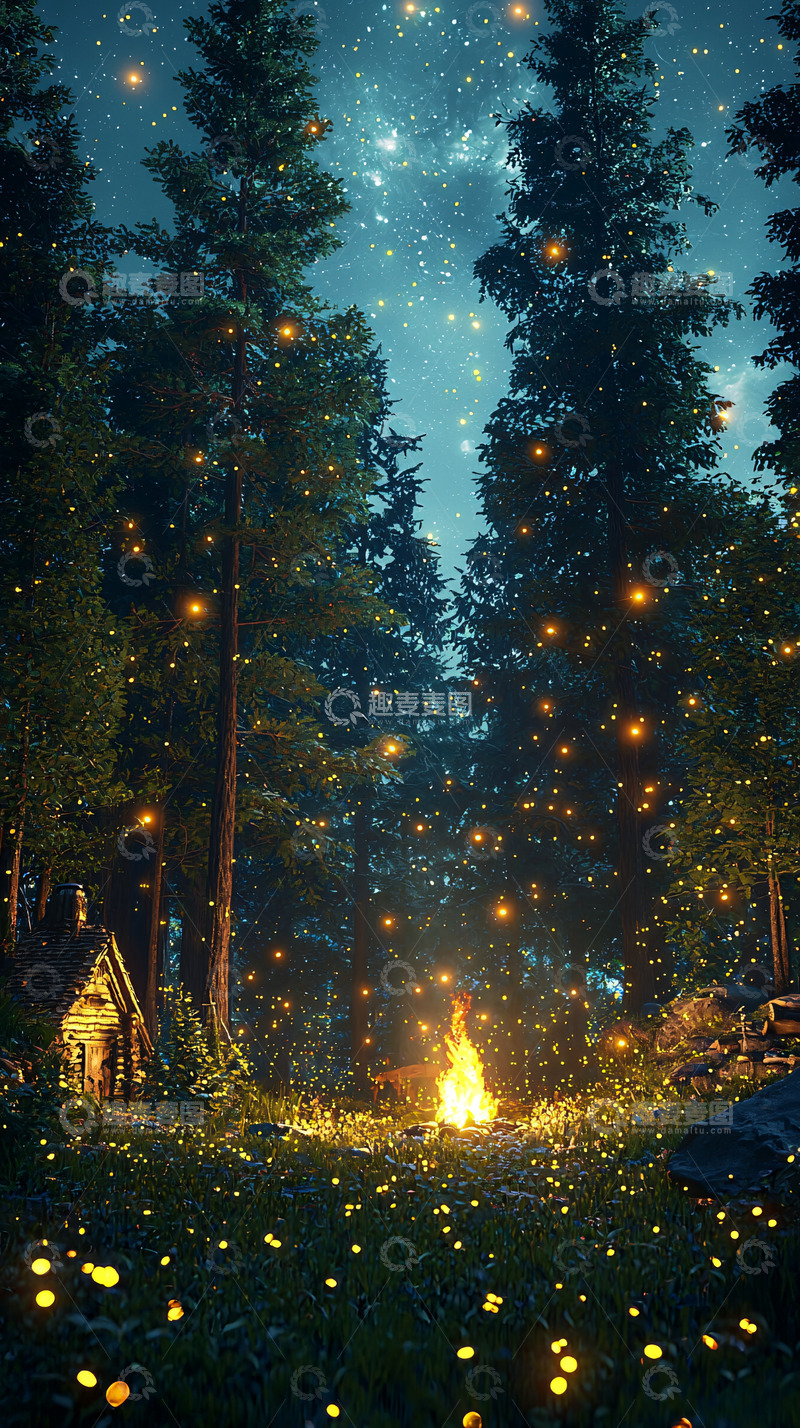 高清大图下载【趣麦麦图】萤火虫森林夜景