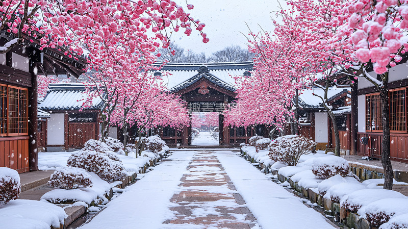 高清大图下载【趣麦麦图】雪中樱花