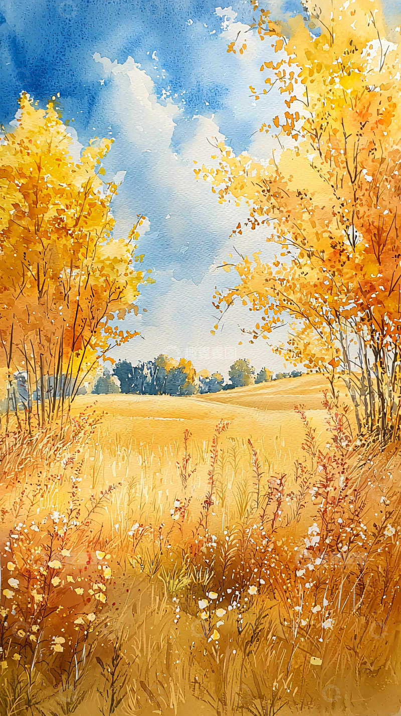 高清大图下载【趣麦麦图】秋日田野水彩画