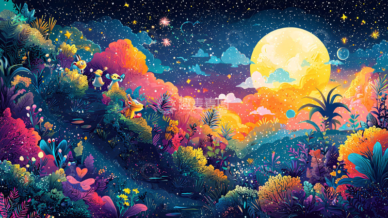 高清大图下载【趣麦麦图】色彩斑斓的梦幻森林夜景