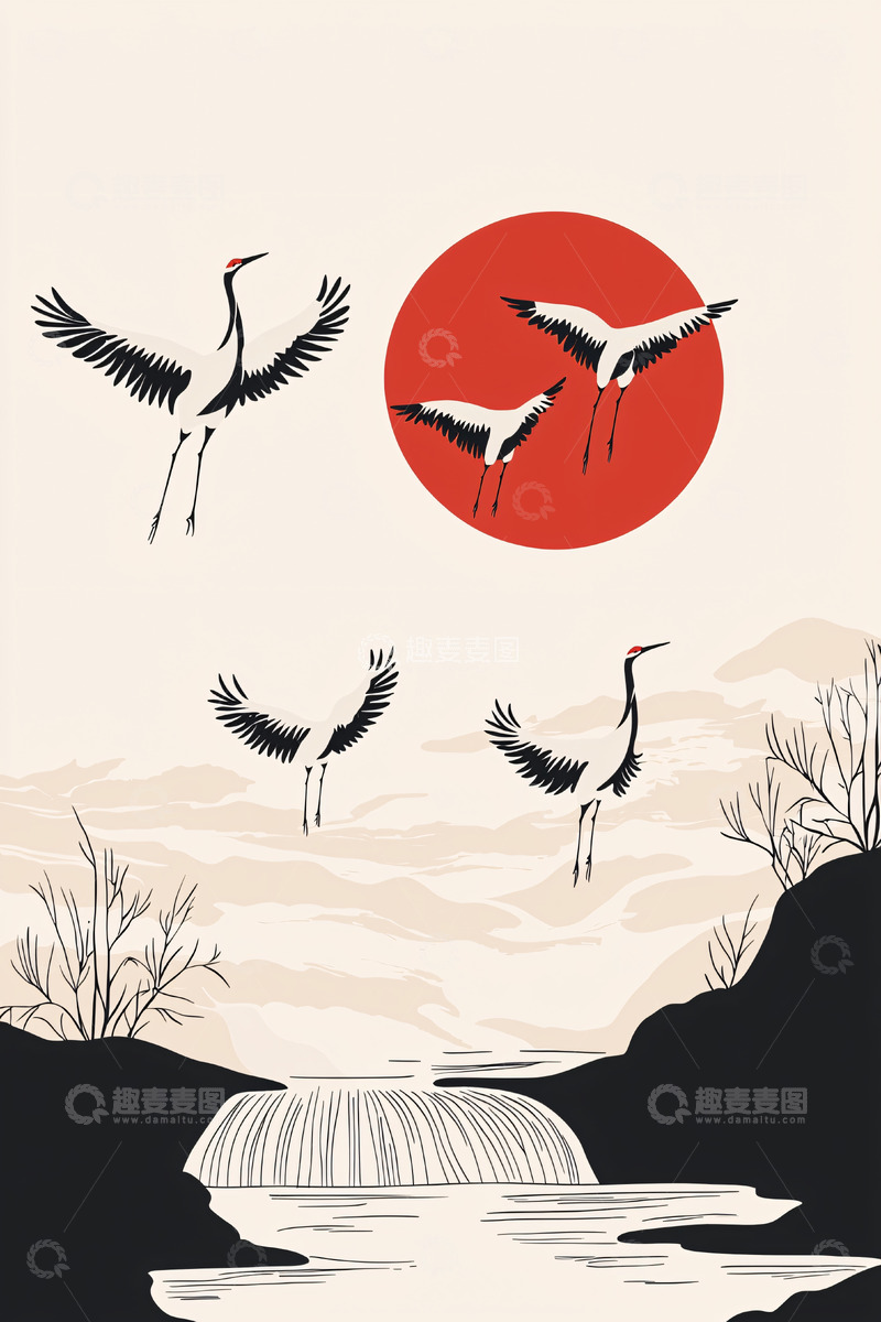 高清大图下载【趣麦麦图】丹顶鹤日出山水画