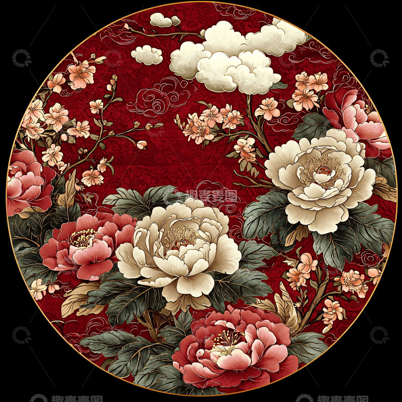 高清大图下载【趣麦麦图】圆形牡丹祥云图案