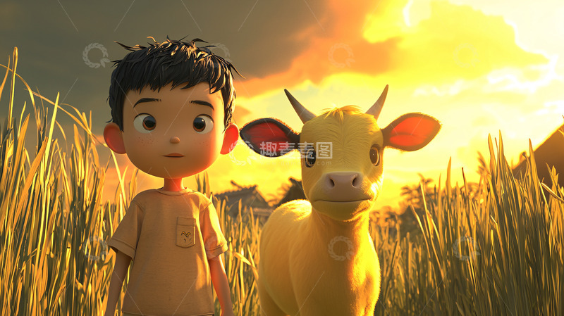 高清大图下载【趣麦麦图】男孩与小牛