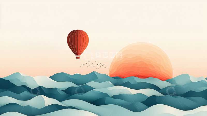 高清大图下载【趣麦麦图】热气球日出山峦剪影