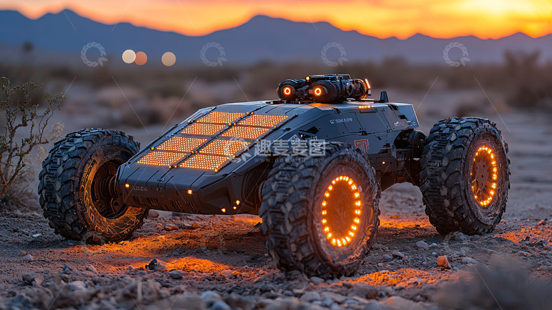高清大图下载【趣麦麦图】沙漠日落背景下的太阳能遥控车