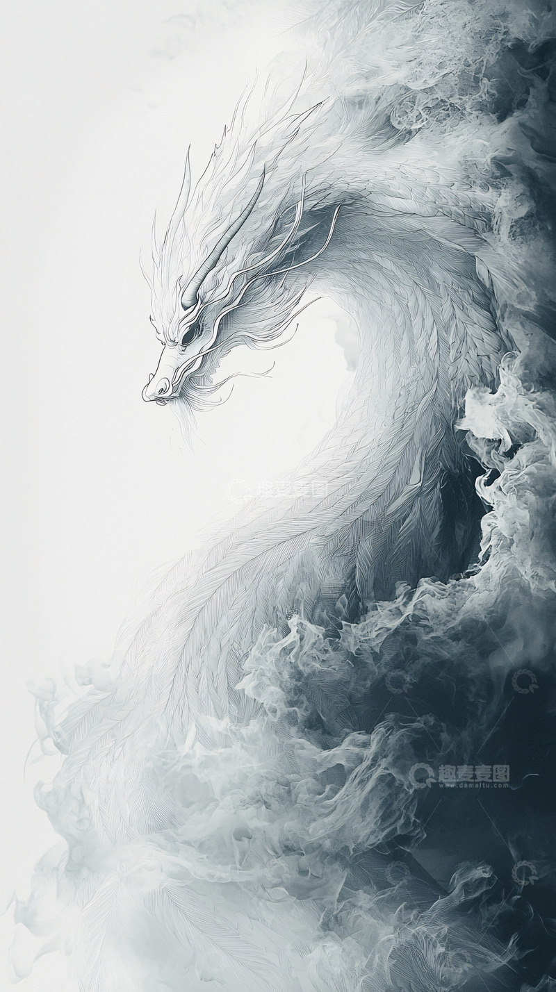 高清大图下载【趣麦麦图】水墨风格的白龙盘旋